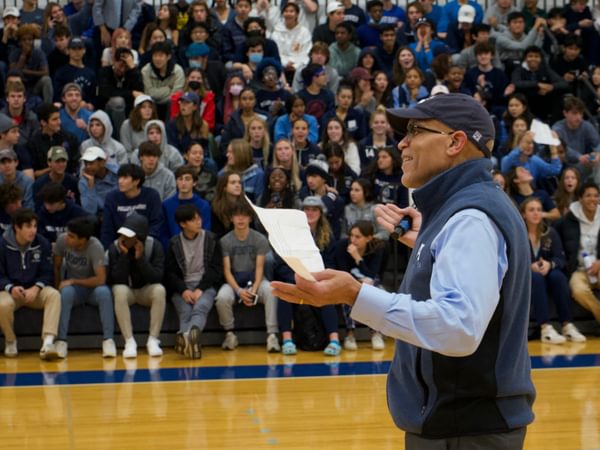 Head of School, Dr. Raynard Kington addresses the Andover pep rally crowd.